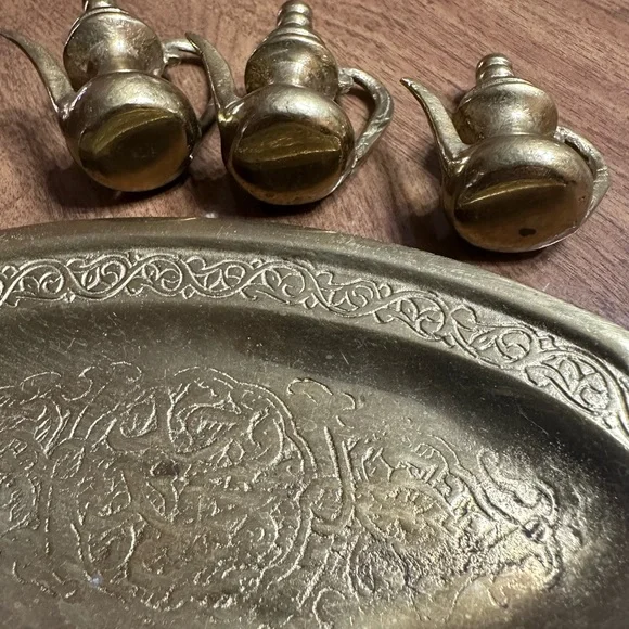 Vintage Solid Brass Miniature Tea Pot Set with Tray, Home Decor, Brass Decor - Picture 6 of 6